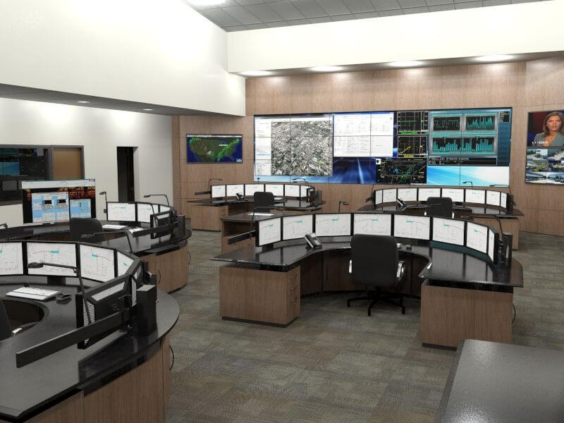 Control room stations inside a command center.